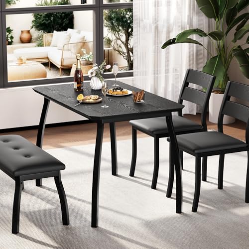 GAOMON Dining Table Set for 4, Wooden Kitchen Table with Upholstered Bench & 2 Cushion Chairs, Space-Saving Dinette Set for Studio, Kitchen, Dining Room, Apartment(43''x28''x30''), Black