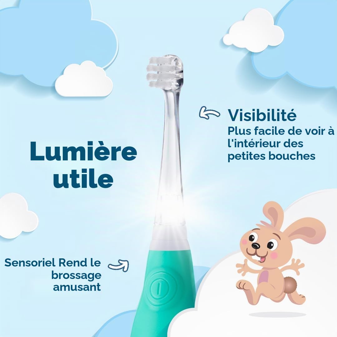 Brush-Baby BabySonic Brosse à dents électrique Teal, 0 à 36 mois - Douce, vibrante doucement pour les gencives sensibles et les premières dents - Avec lumière LED - Têtes de brosse pour bébés et