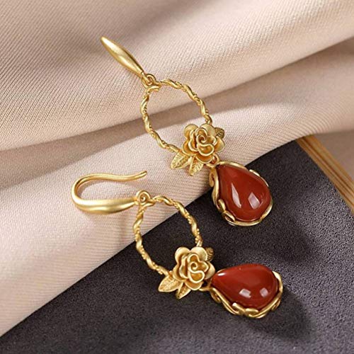 Pendientes de ágata roja estilo chino con peonía retro bañada en oro 6