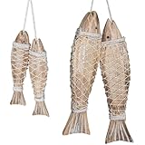 4 Packs Wooden Fish Sculpture for Wall Art, Nautical Hand Carved Wood Fish Decor with Fishing Net for Lake House Beach Theme Wall Home Decoration (Natural, Wood)
