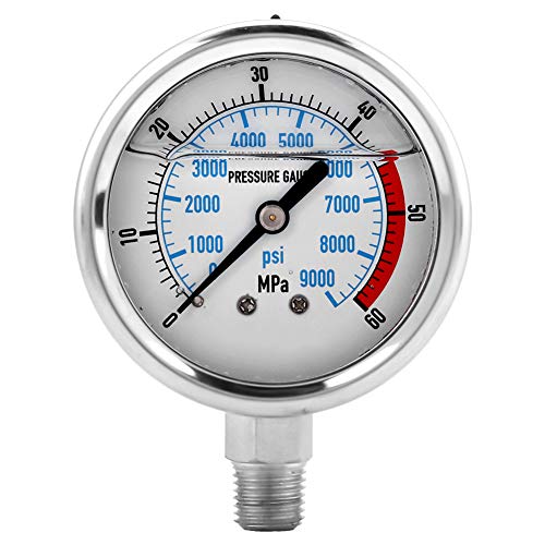 Hydraulic Pressure Gauge, 60MPa / 9000 PSI Double Scales Stainless Steel Liquid Manometer Pressure Gauge Base Entry NPT 1/4 Thread Connection