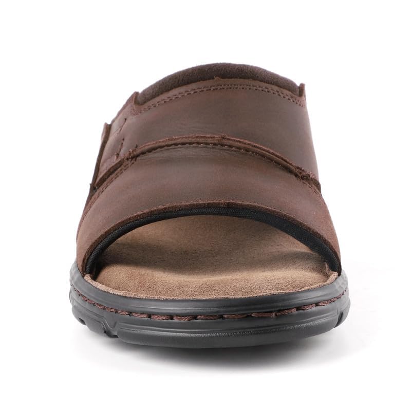 Image of riemot Mens Leather Sandals Memory Foam Footbed Summer Beach Sandal Indoor Outdoor Thick Sole Non-slip Lightweight Slides Brown