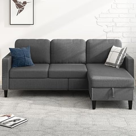 MUZZ Sectional Sofa with Movable Ottoman, Modern Linen L-Shaped Couch,3-Seater Sofa with Storage Ottoman,Free Combination Sectional Couch for Living Room/Office(Dark Grey) Cover