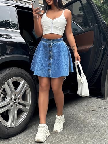 ebossy Women's High Waisted Button Down Flared Mini Jean Skirts Casual Cute Pleated Flowy Denim Ruffle Skirts4