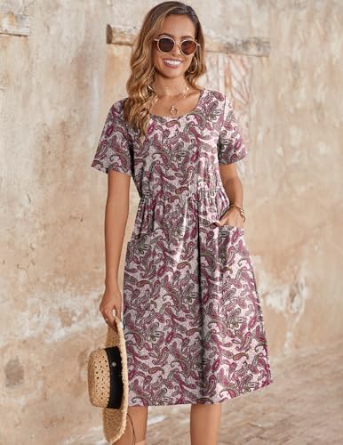 Image of Zeagoo Womens Summer Midi Dress Casual Short Sleeve A-Line Cotton Linen Dress Flowly Beach Tunic Sundresses with Pockets 2026