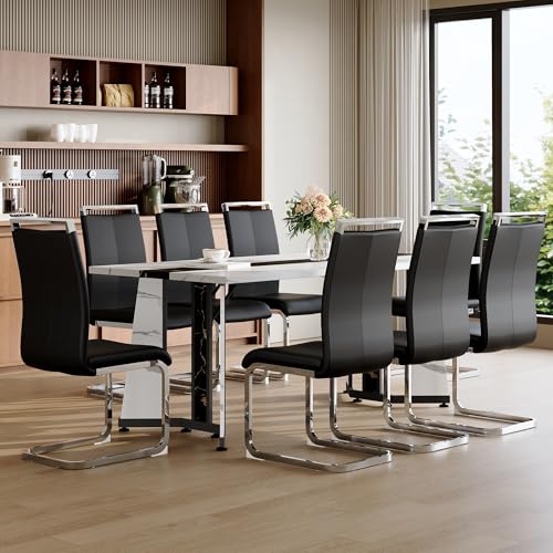 8-Piece White Marble Dining Set with Leather Chairs