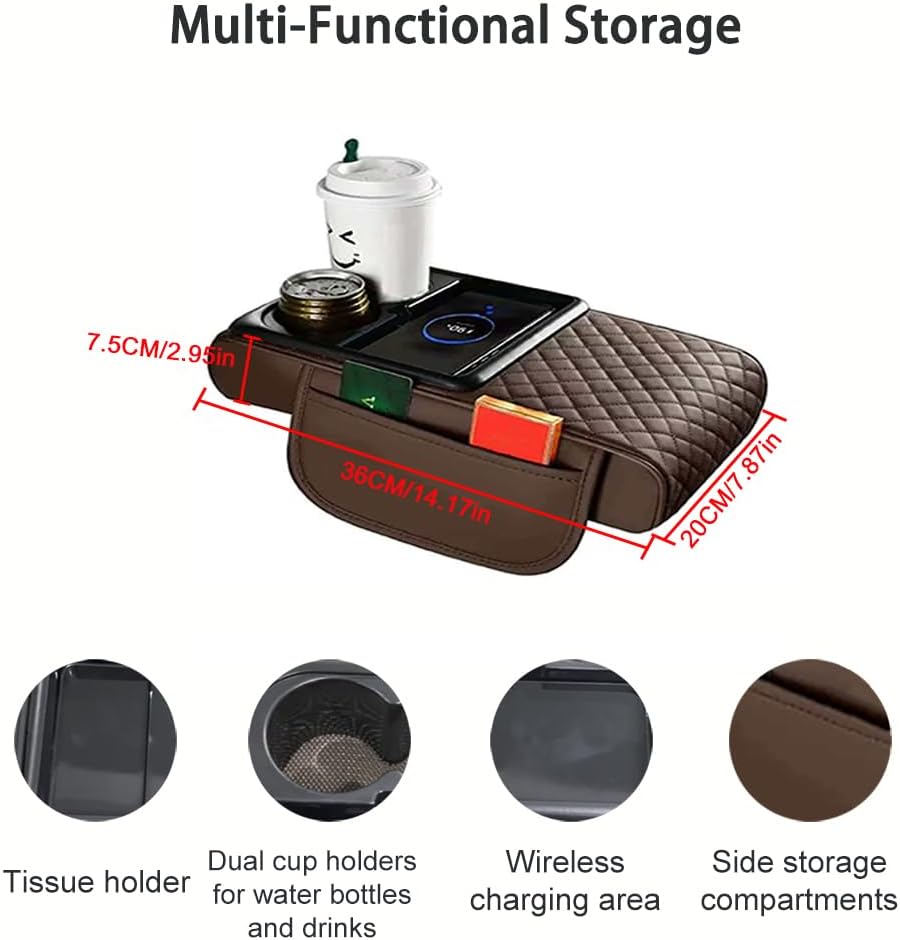 Armrest Cover for Car for GMC Canyon 2004-2012 2015-2026, 4 in 1 Storage Box Pad with Cup Holders, Center Console Cover Cushion Heightening Pad,C