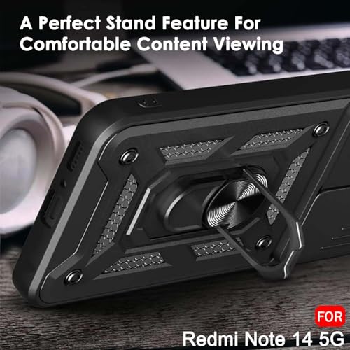 Image of TheGiftKart Tough Armor Bumper Back Cover Case for Mi Redmi Note 14 5G / Note 14 SE 5G | Rotating Camera Cover, Kickstand & Ring Holder | 360 Degree Protection Back Cover Case (PC & TPU, Black)