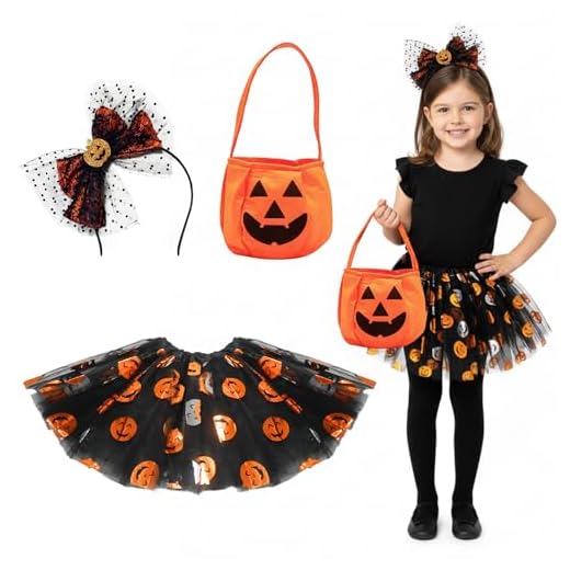 Wolkstello Disfraz Bruja Niña, Vestido Bruja Tutu Diadema, Bolsa Calabaza, Disfraz Calabaza Costume para Niñas Fiesta Cosplay Halloween Carnaval Disfraces