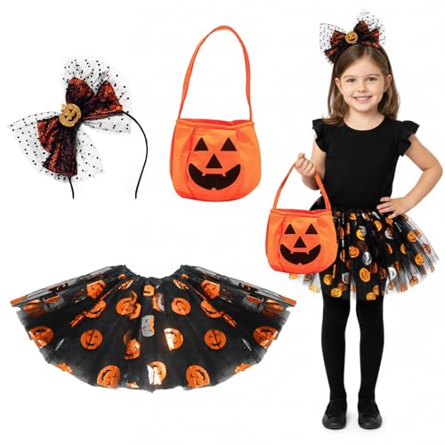 Wolkstello Disfarce bruxa menina, vestido de bruxa Tutu bandana, bolsa de abóbora, disfarce abóbora costume para meninas festa cosplay Halloween carnaval disfarces