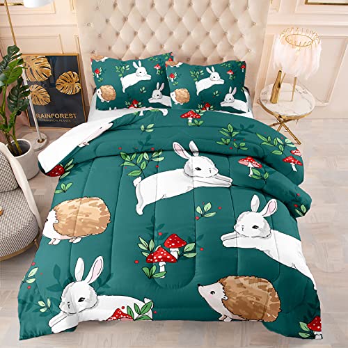 Bsntho Kawaii Animal Comforter Full Size,Hedgehog Mushroom Rabbit Kids Comforter Set,3Pcs Bedding Set Printed Comforter With 2 Pillowcases,Down Alternative,Soft And Lightweight,For All Seasons #TOP9