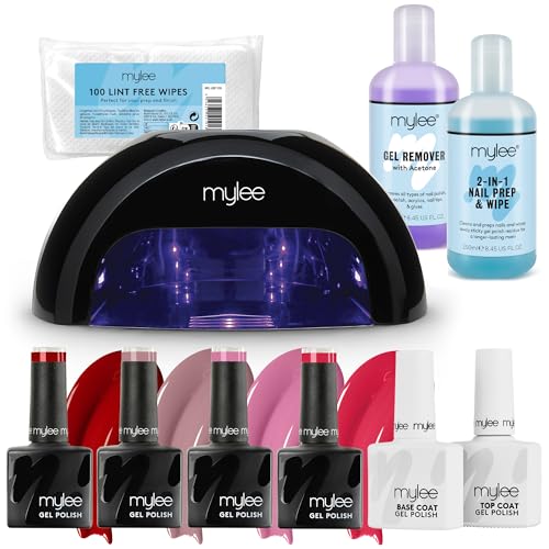 Mylee Complete Professional Gel Nail Polish Starter LED Lamp Kit, 4x Colours, Top & Base Coat, PRO LED Convex Curing® Grande Lamp, Prep & Wipe, Gel Remover, Lint Free Wipes (Colour Set 2)