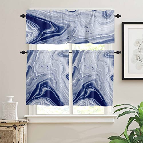 3 Pieces Kitchen Curtains Valances Set Navy Blue Marble Texture Short Curtain Rod Pocket Window Curtain Abstract Ombre Window Treatment Tiers Valances (Single Panel 54"X18",2 Tiers 27.5"X24") #TOP1