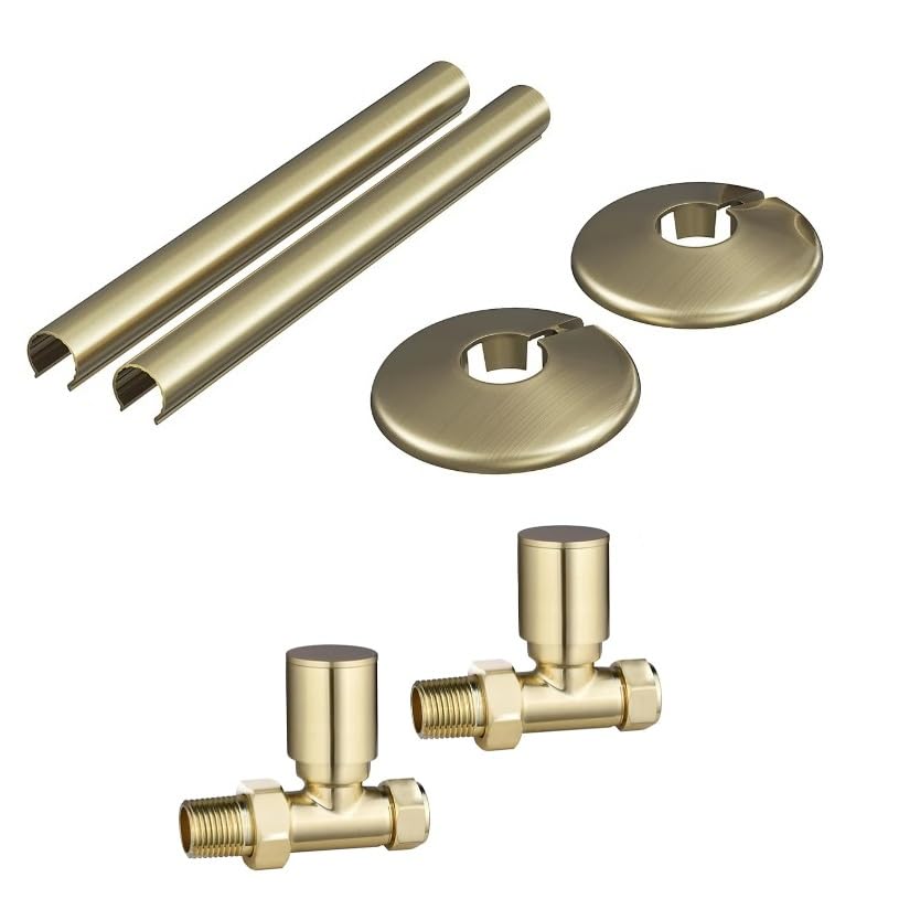 Manual Radiator Valve Kit, Brushed Brass Round Straight Valve with 15mm x 1/2" Connections & Pipe Covers Set
