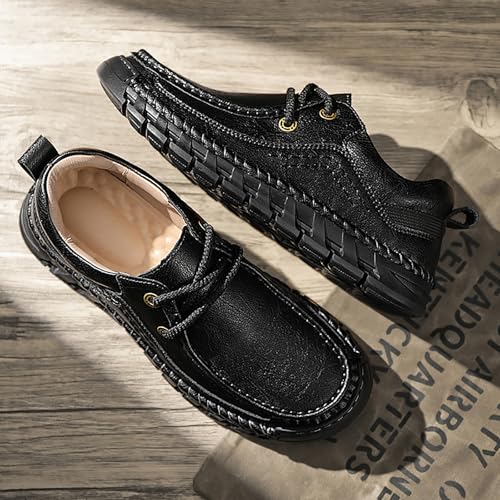 Men's Genuine Leather Lace Up Platform Loafers Hand Stitching Casual Comfortable Anti-Slip Soft Bottom Slip-on Loafers Outdoor Driving Walking Shoes4