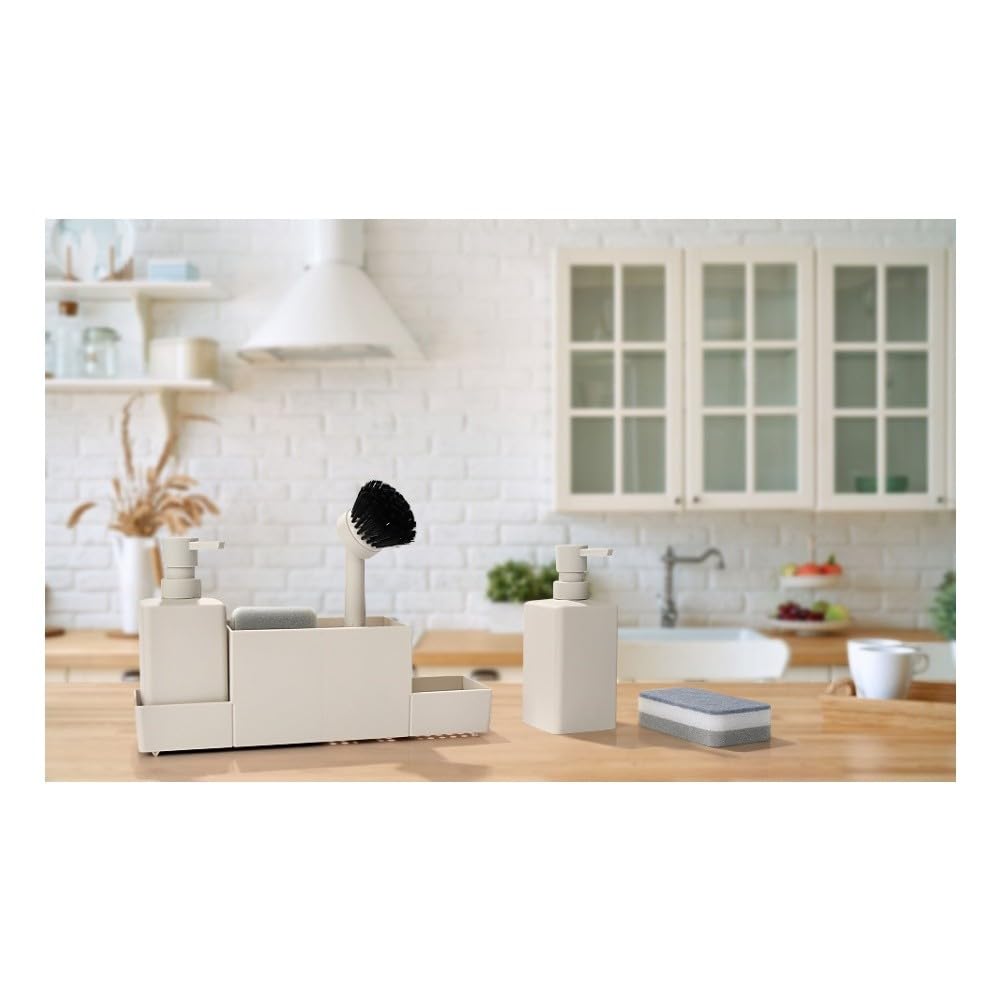 Set organizer per lavello da cucina con dispenser di sapone da 350 ml, spazzola per la pulizia e vassoio per spugna, plastica ABS, finitura opaca, grigio/beige/bianco/nero/per marrone rosso