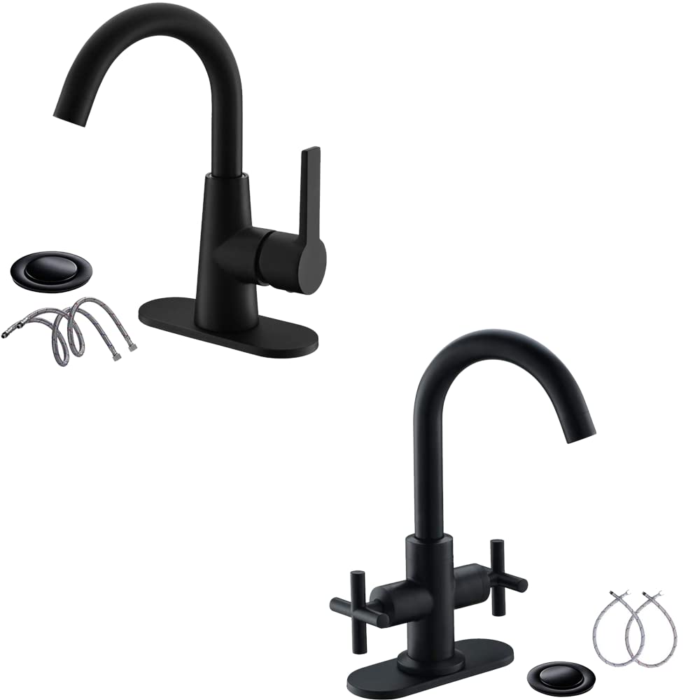Single-Handle 4 Inch Bathroom Sink 360° Rotation Spout Faucet and 2-Handle Centerset Faucet, Matte Black with Deck Plate and Supply Hoses WE10E-MB+SGF02-10-MB