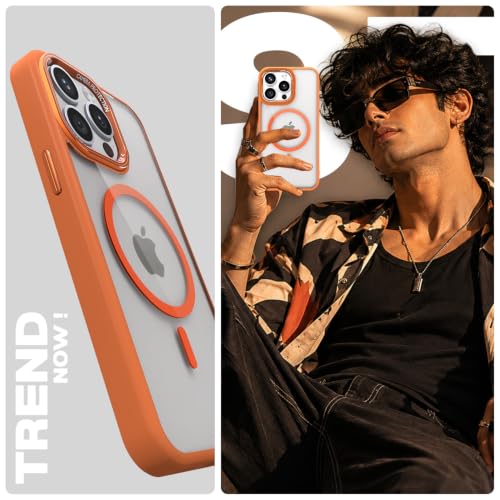 Image of Pikkme Back Cover for iPhone 14 Pro Max | Shockproof | Mag-Safe Compatible | Hard Transparent Back | Premium Raised Camera Protection | Bumper Case (Orange Mag-Safe)