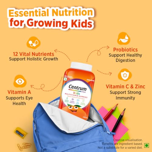 Image of Centrum Kids- Multivitamin Gummies for Kids | Non-Habit Forming | With Zinc, Vitamin B, C, D for Overall Growth, Healthy Digestion, Eye Health, Immunity | Tasty Orange Flavour | Veg - 50 gummies