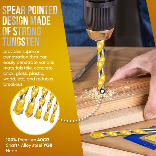 Baker And Bolt Masonry Drill Bit Set, 5 Pcs Concrete Drill Bit Set, For Ceramic Tile Brick Wood Plastic Cement. Impact Ready. Tungsten Carbide Tips 5.12'' Long, Sizes 3/16, 1/4, 5/16, 3/8, 1/2. #TOP6