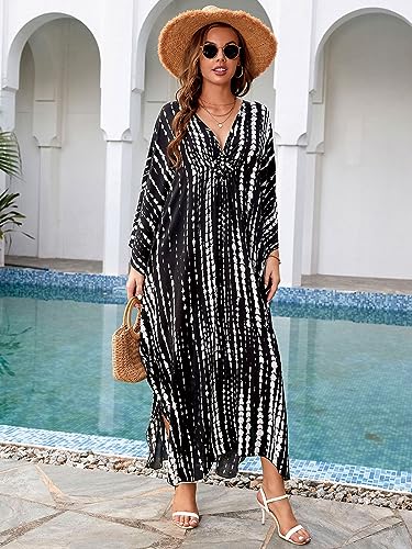 Image of sunforyou Kaftan Dresses for Women Plus Size Lightweight Swimsuit Cover up Batwing Sleeve Print Loungewear Beach Robe