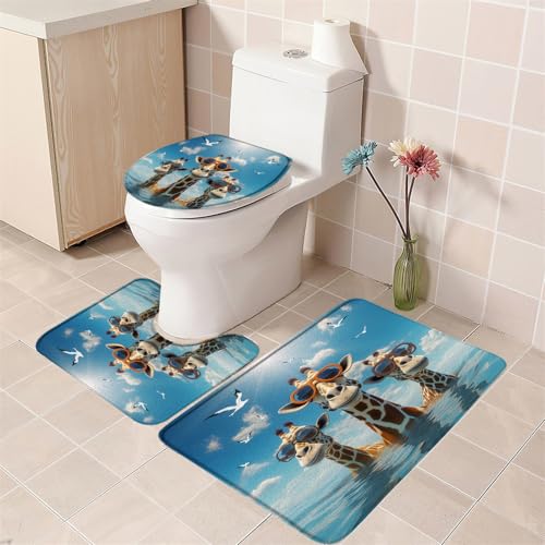3PCS Funny Giraffe Bath Mat Set Cute Animal Wearing Glasses in Ocean Seagull Sun Blue Sky Wildlife Bathroom Kitchen Floor Mat Doormat,Toilet Lid Cover and Bath Mat Microfiber Home Decoration Rug