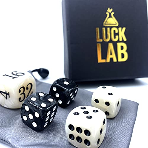 Luck Lab Backgammon Pearl Dice Set - 22 Mm Doubling Cube And Four 16 Mm Dice With Bonus Storage Bag, Black/White Marbleized #TOP4