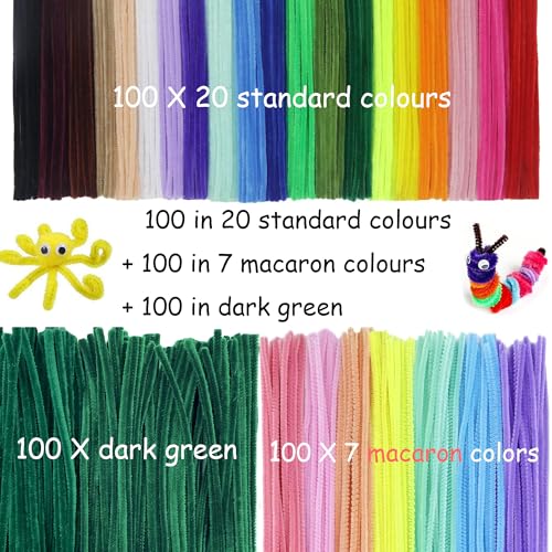 CBRVTY Set mit 300 Pfeifenreiniger Blumen 28 Farben, 100 Stück 20 Standardfarben, 100 Stück 7 Macaron-Farben, 100 Dunkelgrüne Pfeifenputzer zum Basteln