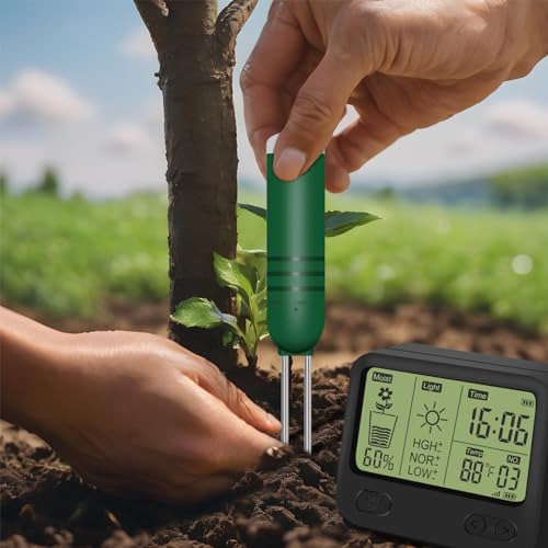 KITHOUSE 4-in-1 Wireless Soil Moisture Meter/Thermometer/Sunlight/Time,PH Paper, Waterproof Plant Moisture Sensor Meter with Digital LCD Display for Garden, Lawn and Indoor Plants