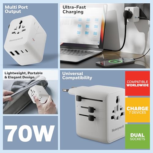 Image of Honeywell Universal Travel Adapter 70W, 7 in 1 Fast Charging, QC3.0 /PD, Universal & US Socket, 3 Type C, 2 USB A, Overload & overvoltage Protection, International Adapter for EU, US, UK & CN /AUS