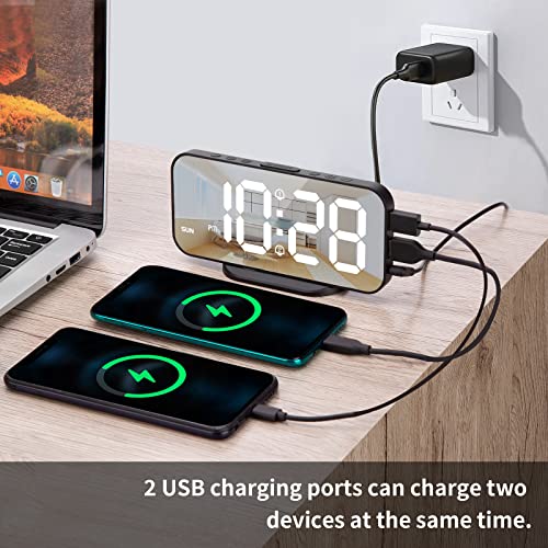 Nesifee Digital Alarm Clock For Bedroom, 6.7" Led Mirror Clocks Large Display With Dual Usb Charger Ports, Snooze Mode/12/24H/3 Adjustable Brightness, Desktop Electronic Clocks For Home Office, Black #TOP1