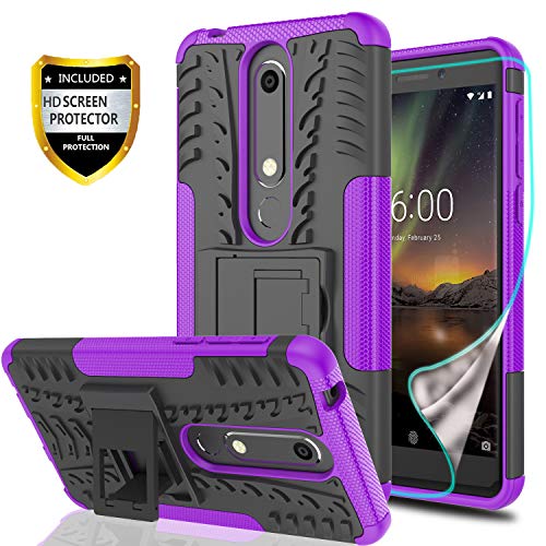 Nokia 6.1 Phone Case,Nokia 6 2018 Case with HD Screen Protector,Military Armor Drop Tested [Heavy Duty] Hybrid Case with Kickstand for Nokia 6 (2018)-LT Purple