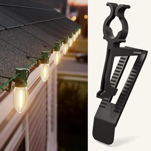 Universal Christmas Lights Shingle Clips, 100 Count All in One Gutter Clips, Shatterproof All Purpose for C7/E12, C9/E17, Mini String, Rope Lights, Christmas Decorations, Black