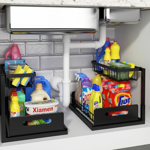 REALINN Under Sink Organizer, Pull Out Cabinet Organizer Slide Out Sink Shelf Cabinet Storage Shelves, Storages for Kitchen Bathroom, Black, 2 Pack