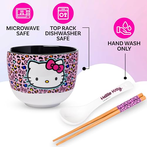 Image of Silver Buffalo Sanrio Hello Kitty Leopard, Ramen Bowl with Chopsticks, 20oz | Pink Print, Ceramic, Noodle Rice, Includes Spoon, Microwave Safe, 0.59 Liters