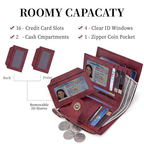 Image of HKCLUF Wallet Women,Small Genuine Leather Bifold Wallet Womens,RFID Blocking Wallet for Women Card Holder Purse With Removable ID Window(red)