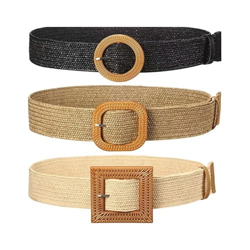 3-Pack Unisex Rattan Straw Raffia Summer Belts - Elastic Stretch Woven Wide Waist Bands for Men & Women