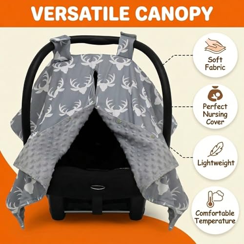 Image of Dear Baby Gear - 40x30 Car Seat Canopy, Infant Carrier Cover for Boys & Girls, Cozy Fall, Nursing & Stroller Use, Newborn Travel Sunshade Accessory, Antlers on Gray, Gray Dot