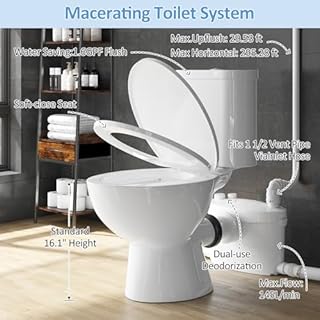 Simple Project Upflush Toilet for Basement, Macerating Toilets System with 600W Macerator Pump, Toilet Bowl with AC Vent & 4 Water Inltes ＆ Water Tank, Extension Pipe, Quiet Operation, Space Saving