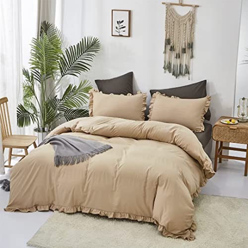 Wellboo Beige Ruffle Comforter Set Full Light Khaki Lace Women Bedding Comforters Cotton Adults Girls Solid Light Taupe Quilts Soft All Champagne Vintage Shabby Chic Blankets Plain Beige Rustic Bed #TOP3