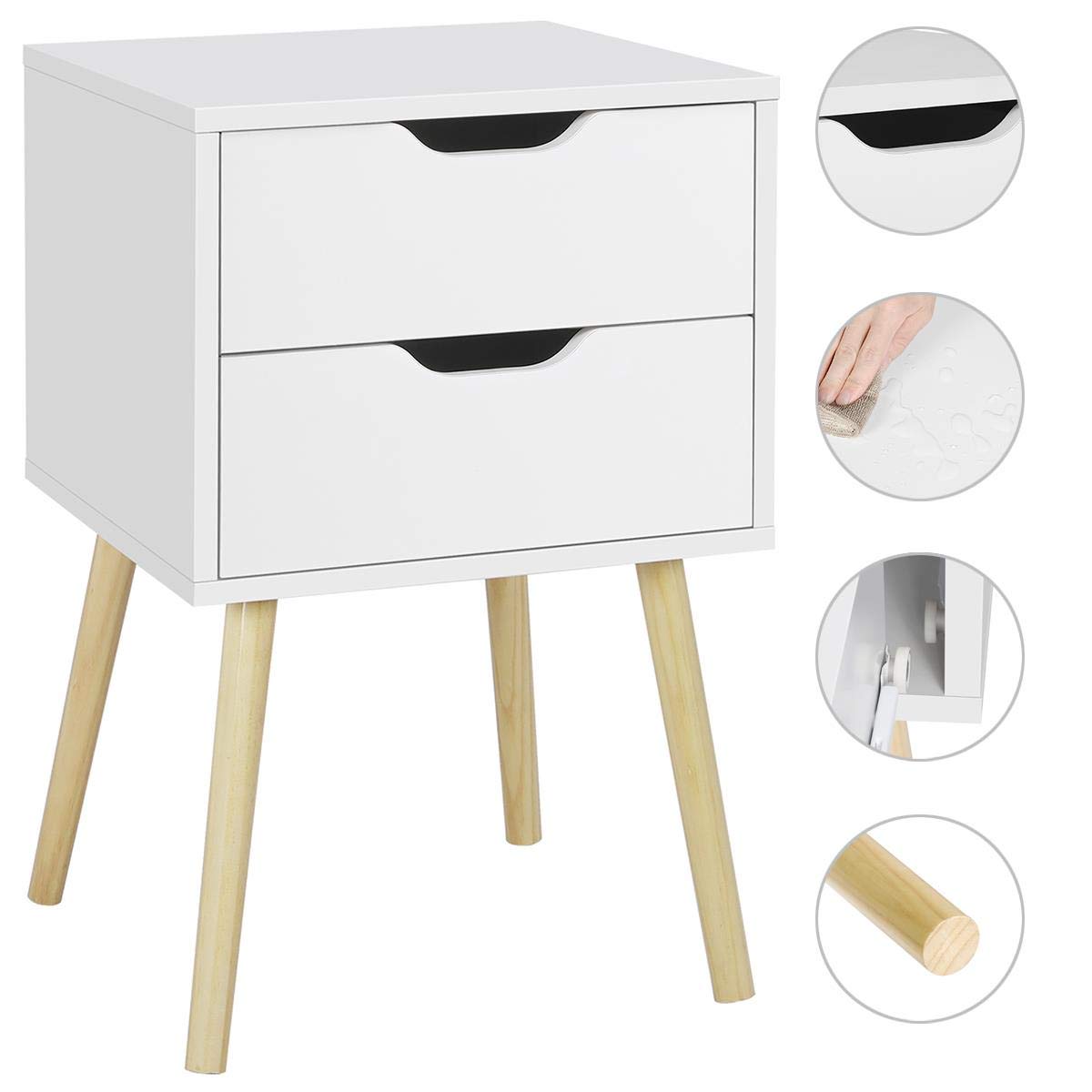 Yaheetech Mesitas de Noche Mesillas de Noche con 2 Cajones 40x40x61 cm Mesa Auxiliar de Madera para Dormitorio Salón Cama Oficina Estilo Moderno Blanco