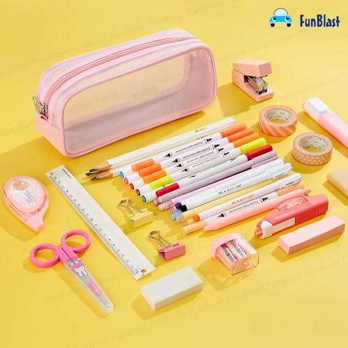 Image of FunBlast Pen Pencil Case, Transparent Pencil Pouch with Zipper Closure Portable Clear Makeup Pouch, Large Capacity Pencil Bag, Stationery Bag for Students Girls Adults Office (Pink)