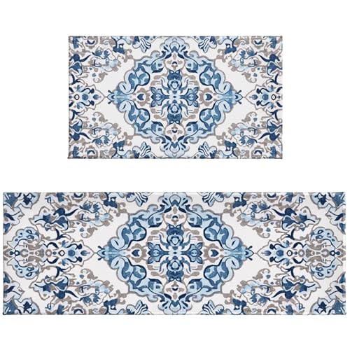 Uynfident Boho Blue Kitchen Floor Mat Set 2 Piece 17"x47"+17"x30",