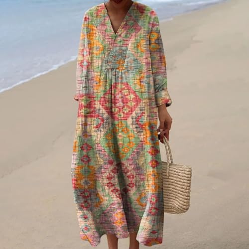 Women's Long Sleeve Floral Print Retro V Neck Boho Flowy Maxi Dresses for Seniors Petite Outfits 2025 Fall2