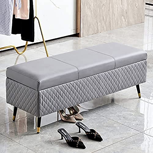 Banco de almacenamiento moderno tapizado de cuero para dormitorio y entrada, banco gris premium, 80 x 40 x 45 cm