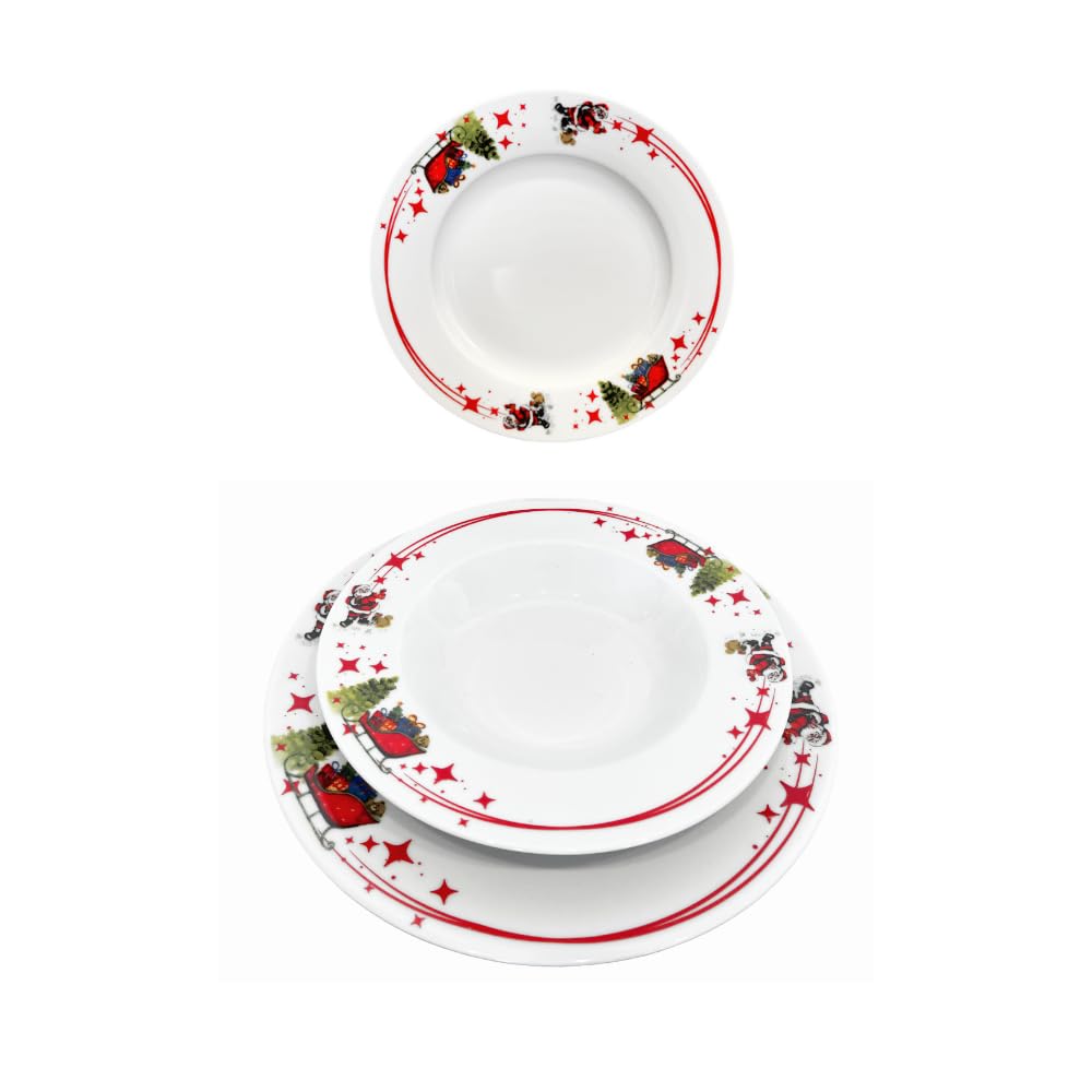 Servizio Piatti Natalizio Per 6 Persone Composto Da 18 Piatti Di Cui 6 Piani, 6 Fondi, 6 Dessert, In Porcellana Bianca Dal Decoro Natalizio Con Slitte, Regali, Stelle E Babbi Natale