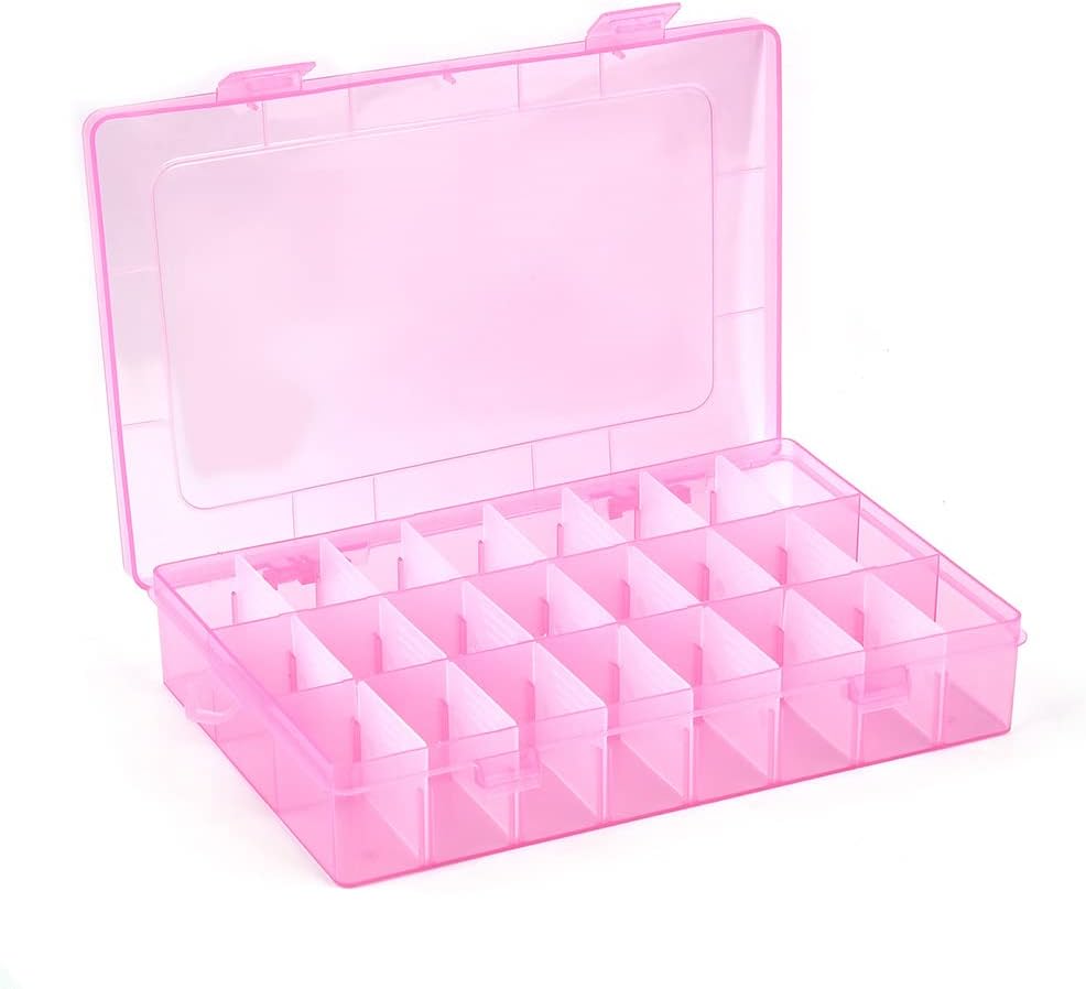 - AKOAK 1 Pack 24 Grid Plastic Storage Case, Transparent Jewelry Display Organizer, Detachable Divider -7.5"x 5.1"x 1.4" for Beads, Jewelry, Earrings, Rings (Pink)