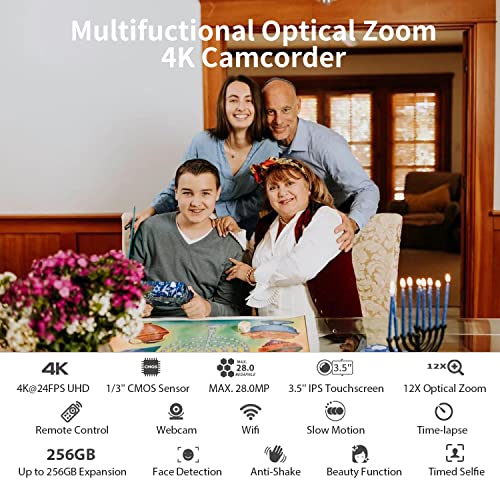 Ordro 4K Livestream Camera Camcorder Ax65 Full Hd 60Fps Video Camera 12X Optical Zoom, Hdr Capture，Wi-Fi Uhd Video Recorder W Mic, Wide Angle Lens, 64G Sd Card, Handheld Holder, 2 Batteries #TOP2