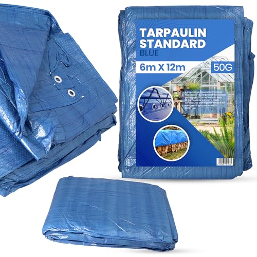 Telone Occhiellato 6x12m PVC 50 g/m² di Copertura Ipermeabile Poliestere Adatto di Rinforzati di Tetti Campeggio Terrazze Auto Antistrappo Tessuto per Coprire Cantiere