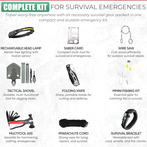 Survival Kit - All-in-One Survival Gear and Supplies for Camping, Hiking, Hunting, and Car Emergencies - Essential Tools, Great Gift for Men, Fathers, Boyfriends, Boys, Dads and Scouts - Image 4